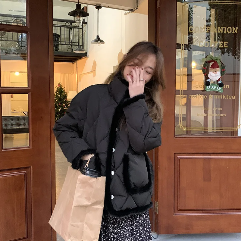 Women Winter Korean Version Loose and Thin Stand-up Collar Warm Jacket Women 2021 Winter New Stitching Mink Wool Cotton Jacket