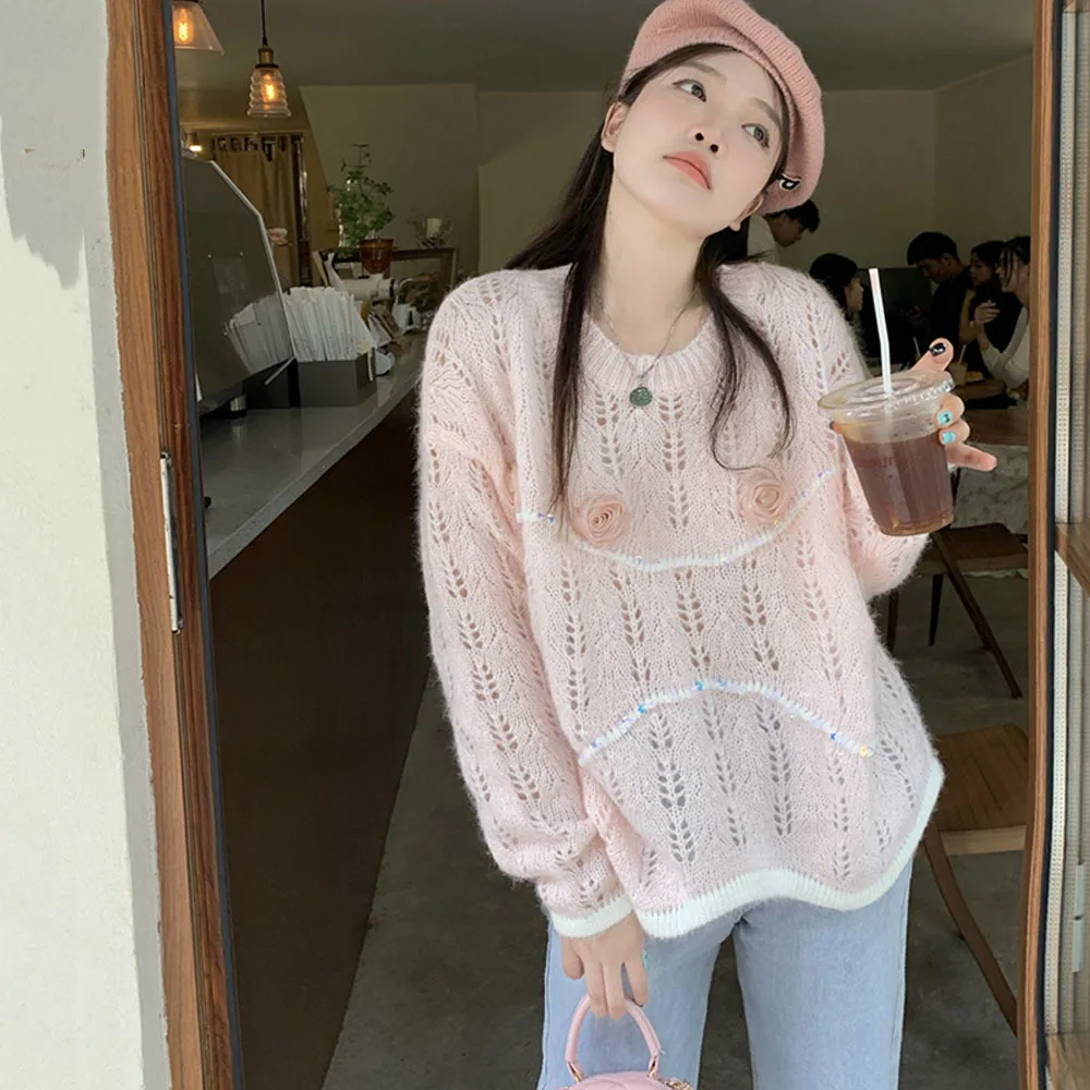

Autumn 2022 Ladies Sweater Sweet 3D Rose Flowers Hollow Round Neck Long Sleeve Pink Knit Pullover Women Sweater Loose Knitwear