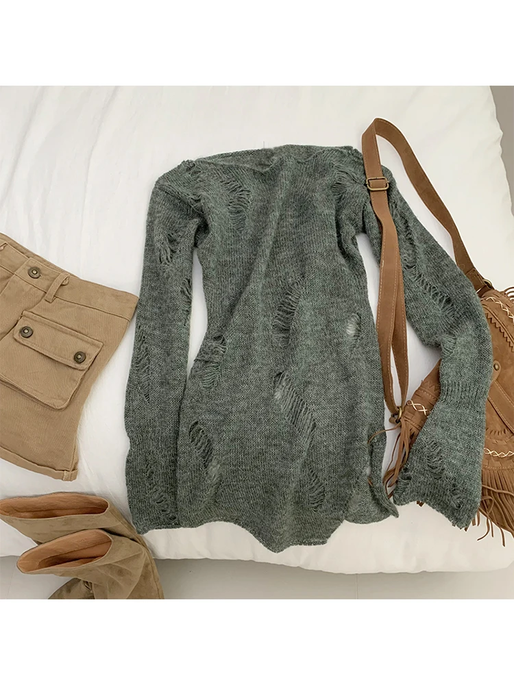 Женский серый пуловер с длинным рукавом вязаный свитер в стиле Харадзюку