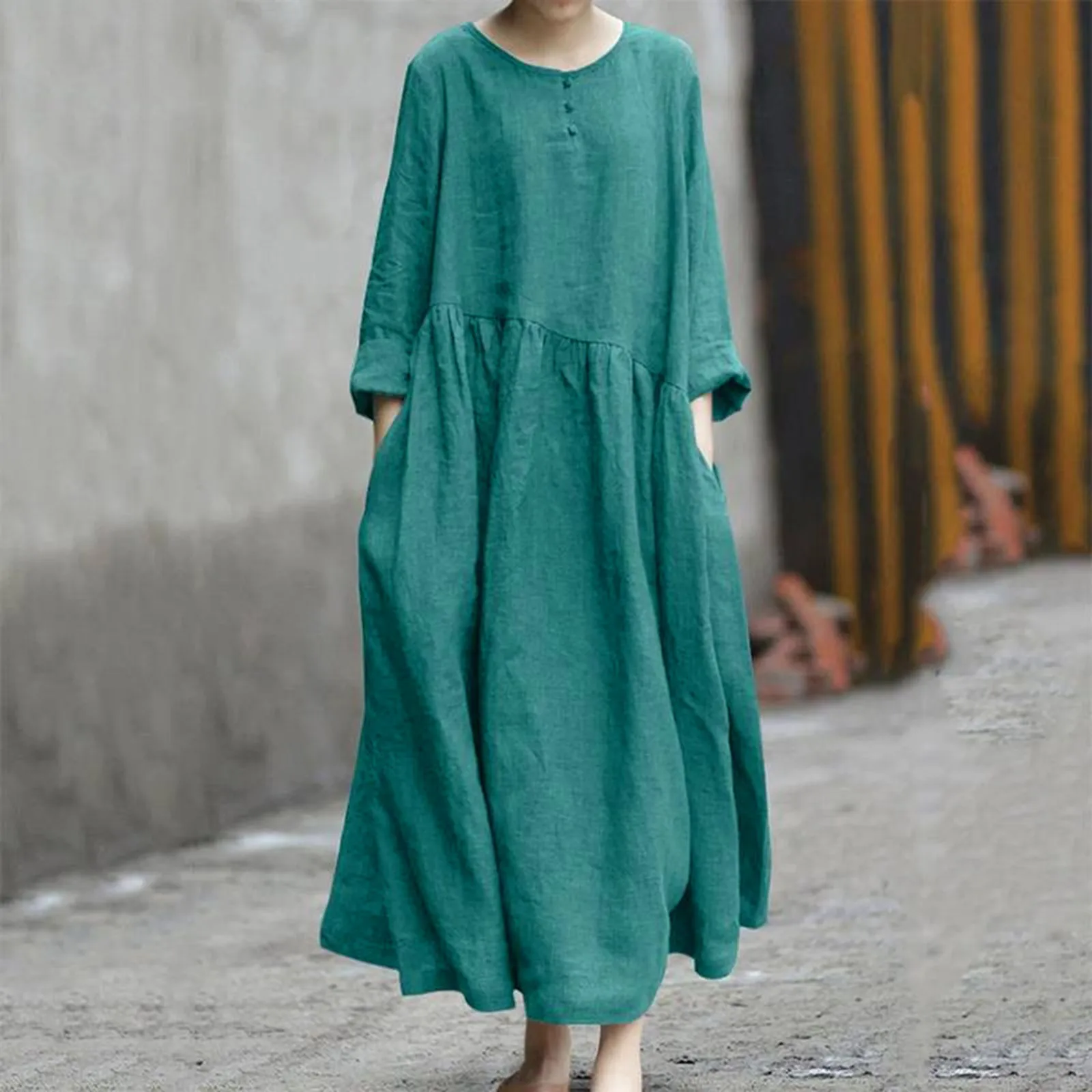 

Buttons O Neck Long Sleeve Pockets Baggy DressesFemmCottonn Maxi Dress Casual Loose Linen Wome Vintage Boho Robe