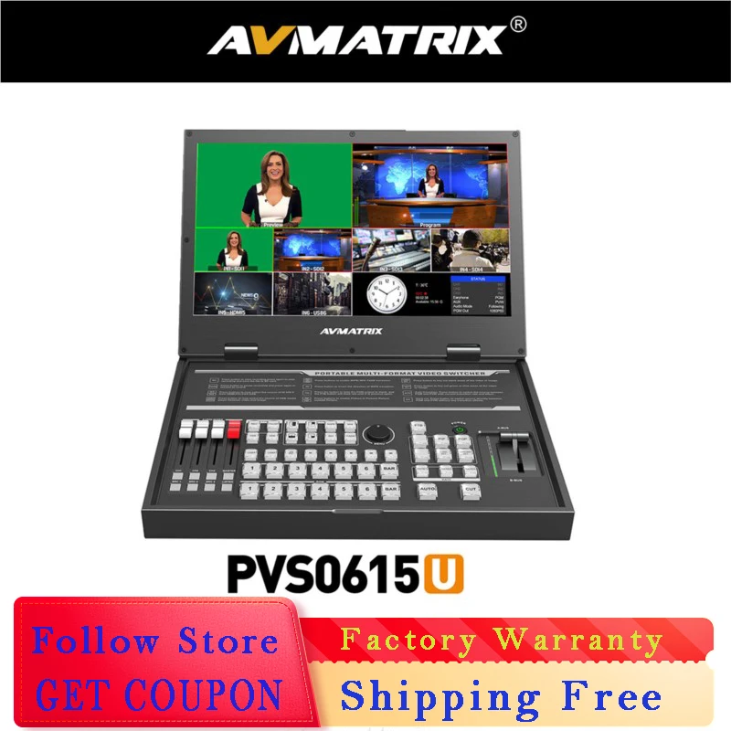 

AVMATRIX PVS0615U 15.6" USB Capture For Streaming,Audio Mixer/T-Bar Transition Portable 6 CH Multi-Format Streaming Switcher