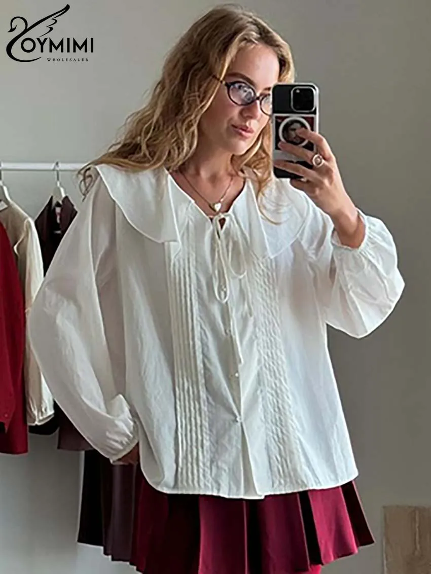 Oymimi модная белая плиссированная женская блузка повседневные рубашки на шнуровке