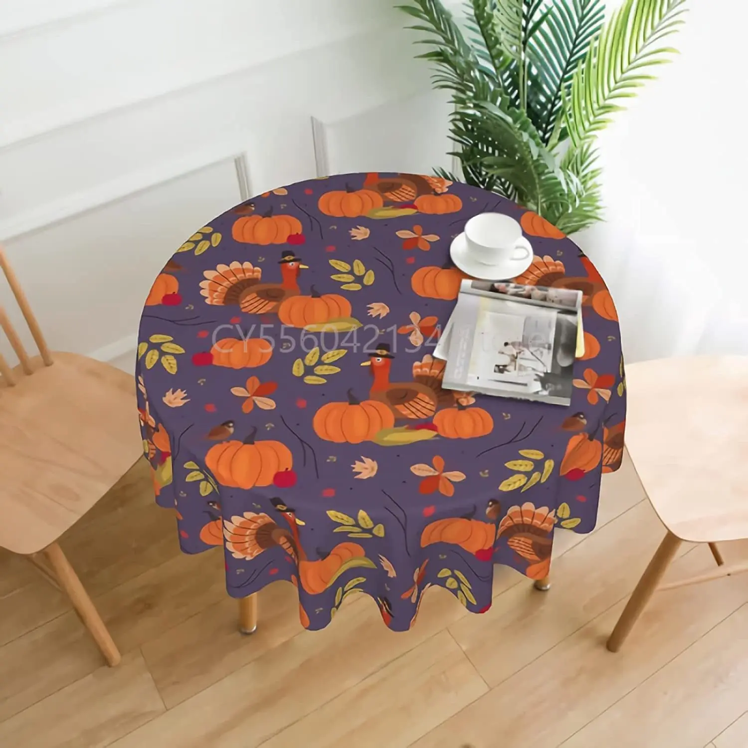 

Thanksgiving Day Round Tablecloth Polyester Pumpkin Turkey Decor Table Cloth Cover Mat for Party Kitchen Dining Room 60 Inch