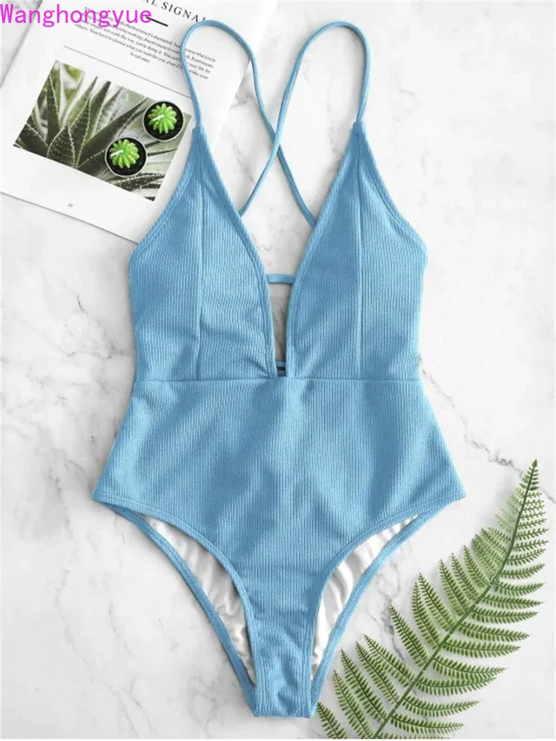 

Sexy Halter Solid Women Swimwear blue High Cut Out One Piece Swimsuit Backless Thong Swim Suit Female Bathing Suit Monokini