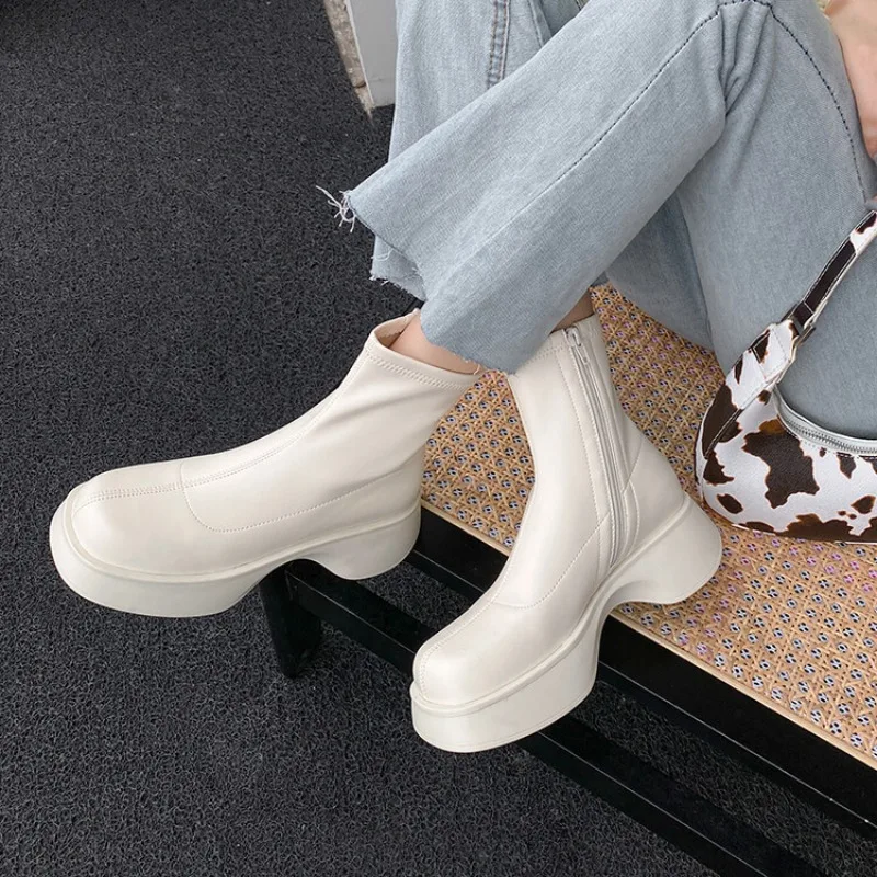 

FTHJ Women Ankle Stretch Boots Square Toe Platform Mid Heel Zipper Strange Style Ladies Short Boots Autumn Winter Shoes 40