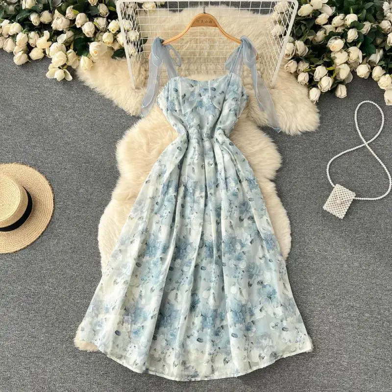 

WEIHAOBANG 2022 Summer Women New Printed Mesh Bow Sling Square Neck Sleeveless Dress Medium Long High Waist Casual Loose Dress