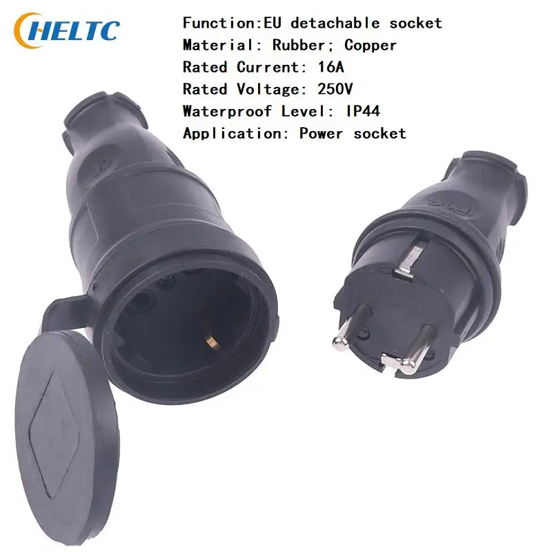 

Black 16A 250V EU Rubber Waterproof Socket Plug Electrial Grounded European Connector With Cover IP44 For DIY Power Cable Cord