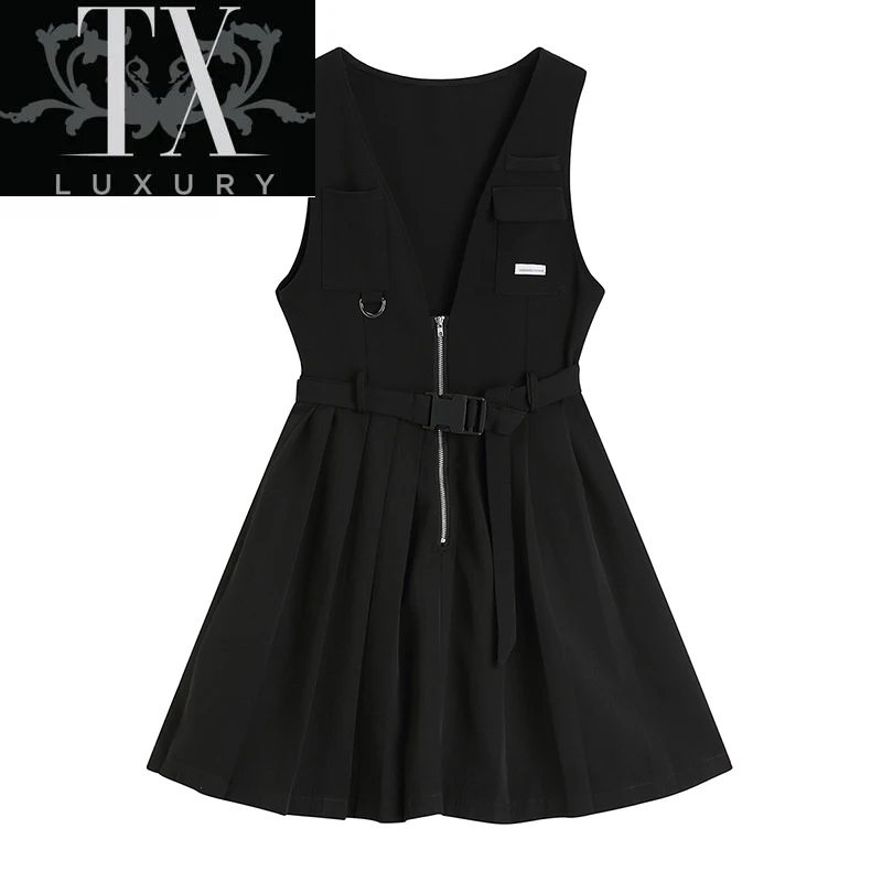 

Korean Vintage Preppy Style Strap Women Summer Fashion New Female V Neck Zipper Black Sleeveless Mini Pleated Dress