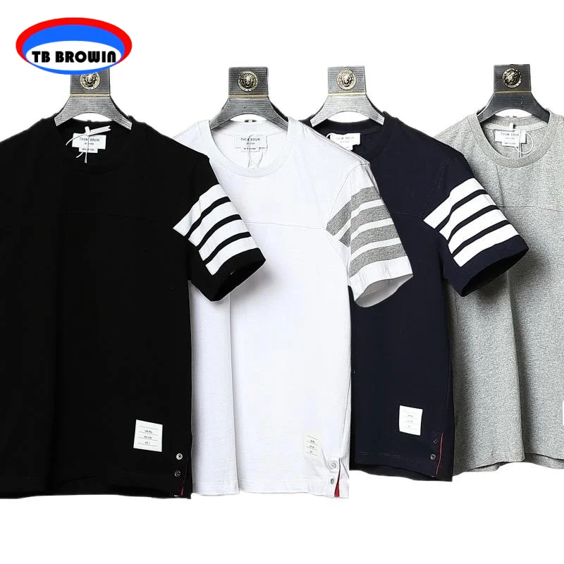 

TB BROWIN Men's T-shirt Summer Fashion Four Bar Stripe Short Sleeve Tops Casual Round Neck Cotton Solid Color Tees Men Clothing