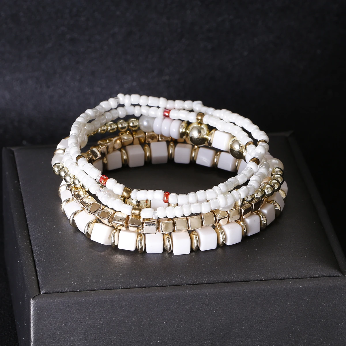 

5 Pcs/Set Fashion Bohemian Multilayer Crystal Cube Mixed Color Bead Elasticity Bracelets & Bangles For Women Gift Set