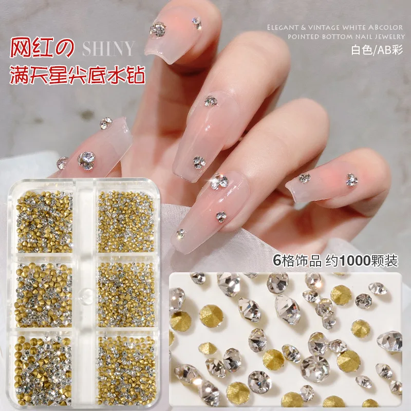 

1000pcs mix sets gypsophila gold-backed white diamonds AB colored diamonds pointed bottom box small size Austrian diamond nail