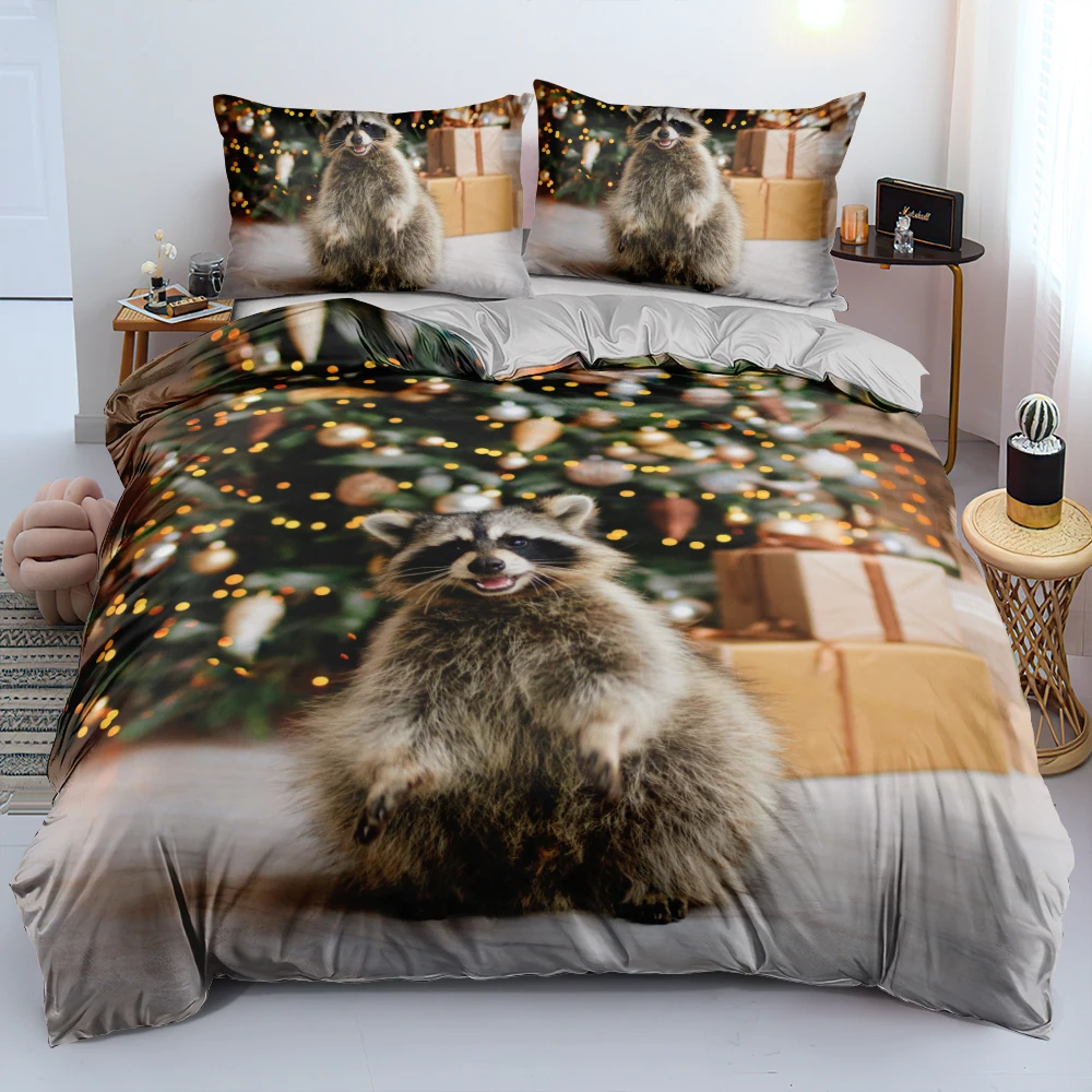 

High Quality Cute Raccoon Duvet Cover Set Christmas Tree Pattern Bedding Set Retain Softness Pillowcases Twin Double Queen King