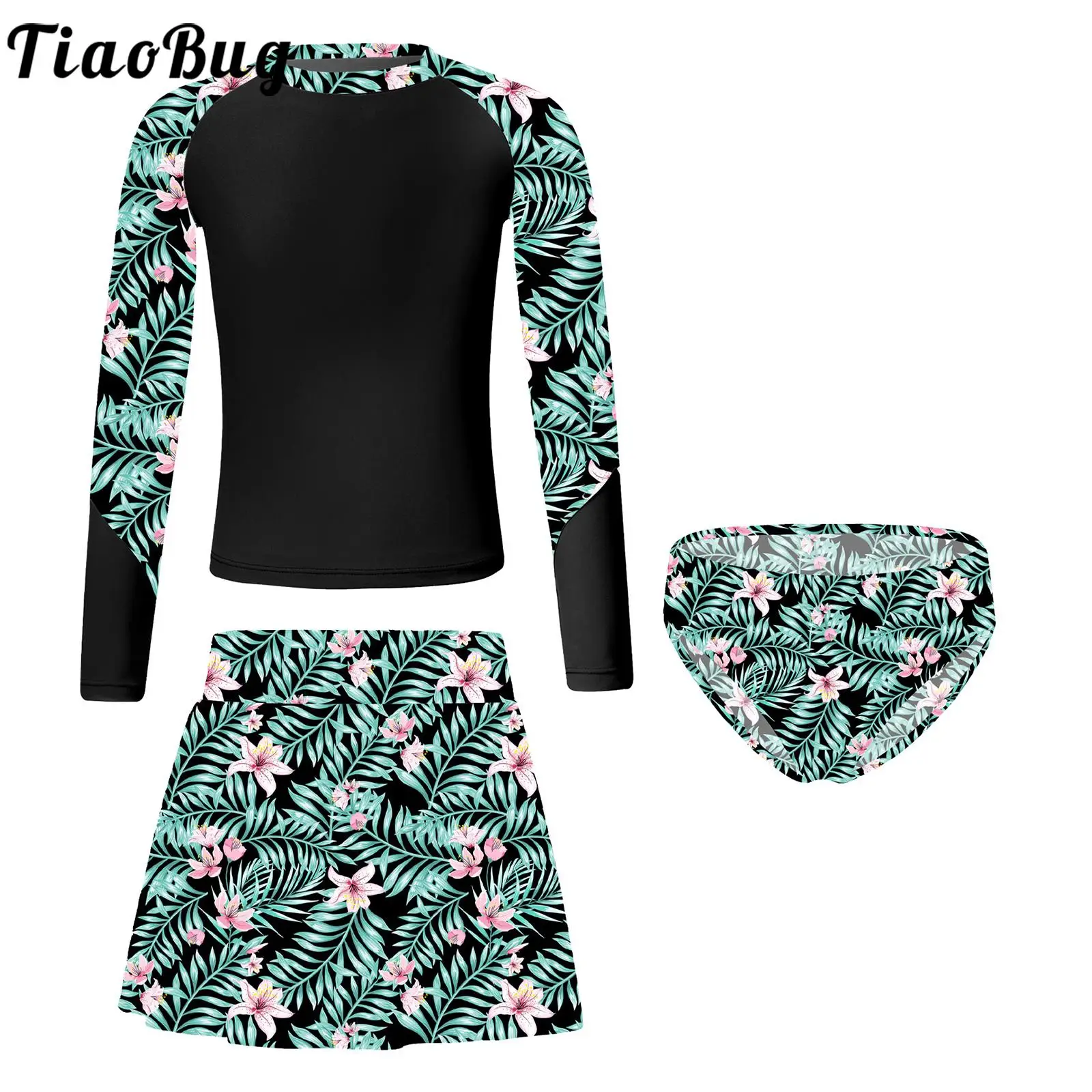 Kids Girls Print Swimsuit Outfits 3Pcs Long Sleeve Top Swim Skirt Bikini Briefs Bathing Suit Rash Guard Pool Swimwear Beachwear