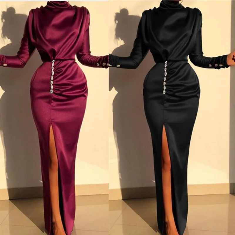 

2021 Fashion Ladies Long Sleeve Sexy Split Long Dress Water Drop Rhinestone High Neck High Waist Split Dress
