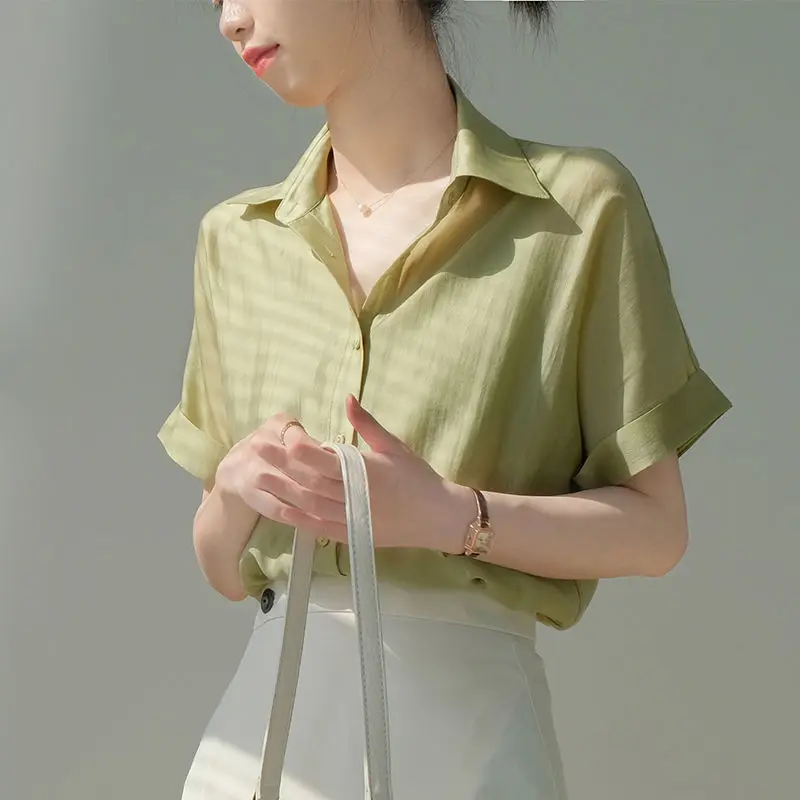Office Lady Casual Solid Thin Chiffon Shirt Summer Women Clothing Simple All-match Elegant Blouse Female Top