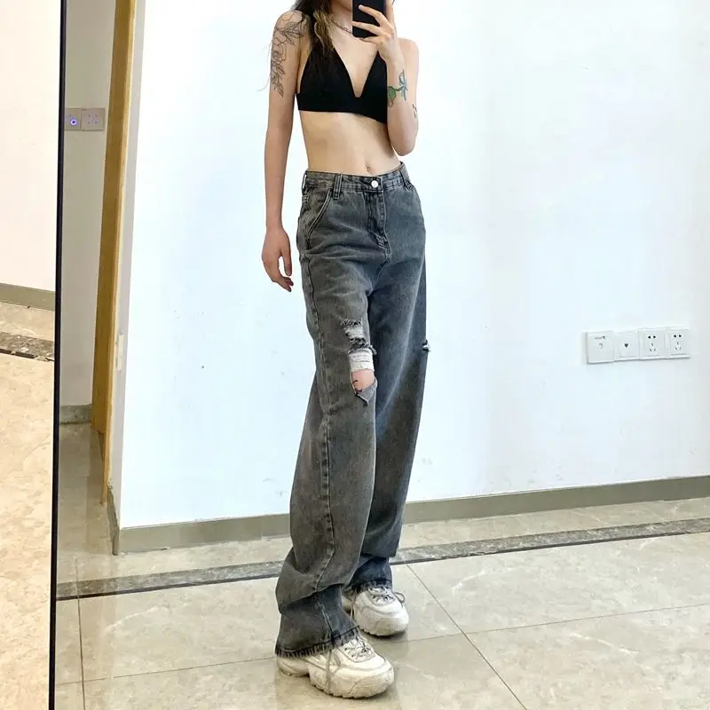 

Осень 2021 Y2K Ретро bf рваные прямые джинсы женские сетчатые красные с высокой талией подходят ко всему раньше брюки с широкими штанинами