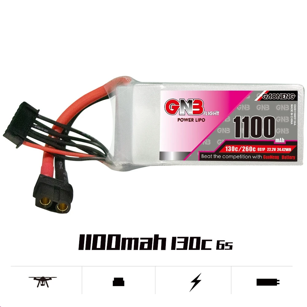 

Аккумулятор Gaoneng GNB 1100 мАч 6S 22,2 в 130C 260C 6S1P LiPo с разъемом XT60 для FPV гоночных дронов самолетов