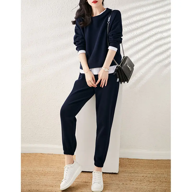

Женский спортивный Удобный Повседневный костюм, модный свитер с имитацией двух частей, брюки с длинным рукавом, костюм из двух частей