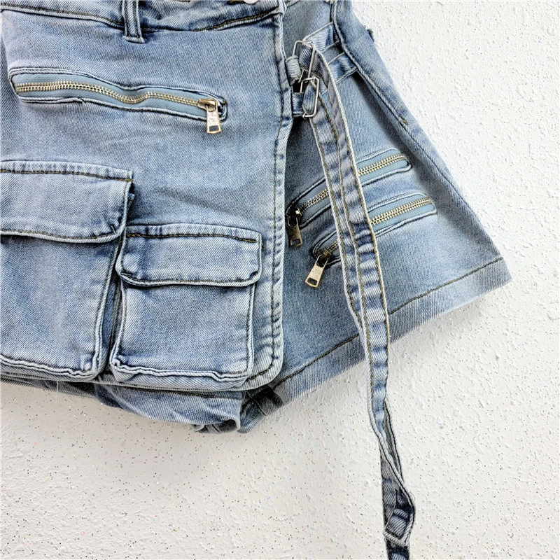Korean Style Multi Pockets Cargo Denim Shorts Zipper Lace Up High Waist A-line Women Fashion Casual Jeans Culottes Streetwear