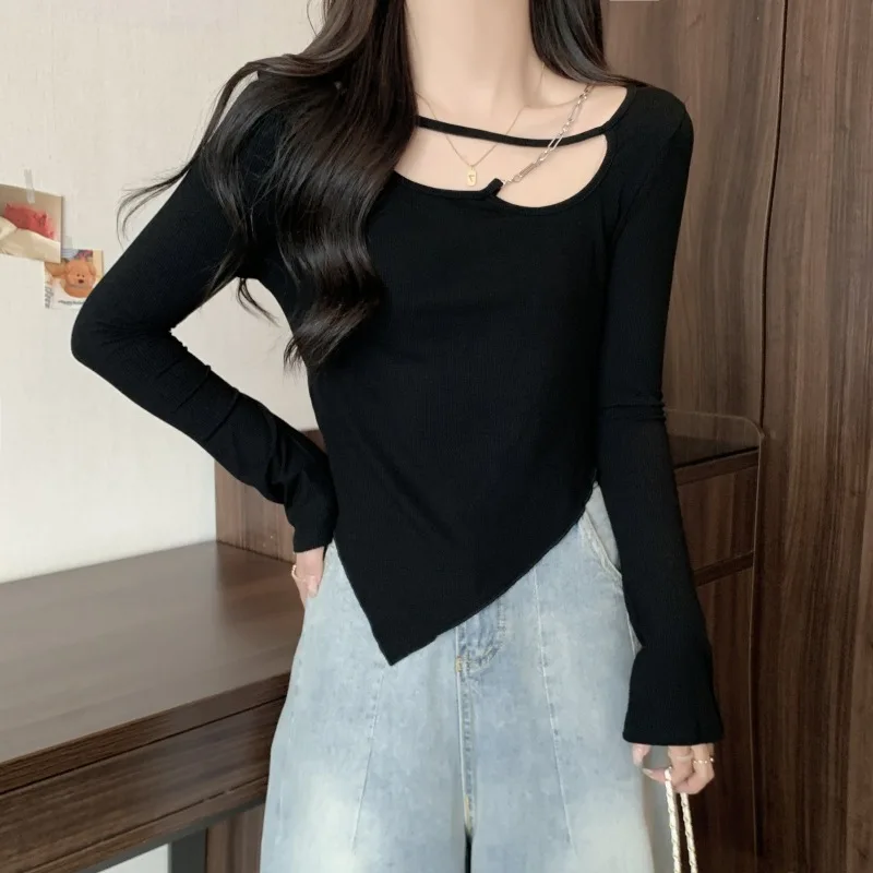 

2023 Spring Autumn Long Sleeve Short Tops Solid Fashion Halter Streetwear Women Slim Chic Clothing Female