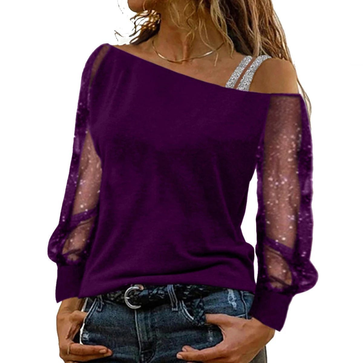 

Patchwork Hollow Loose Ladies Pullover Tops Female Streetwear Long Sleeve Blouse 5XL Loose Off Shoulder Pullovers Blusa