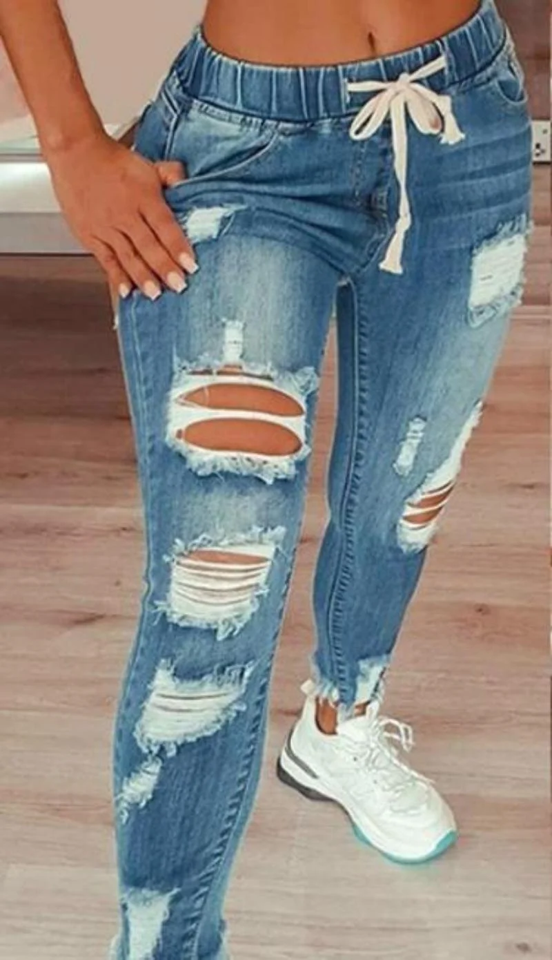Women's Jeans Elastic Waist High Waist Ripped Jeans Slim Lace-up Pants Denim Pants Stretch Ripped Skinny Denim Jeans for Female