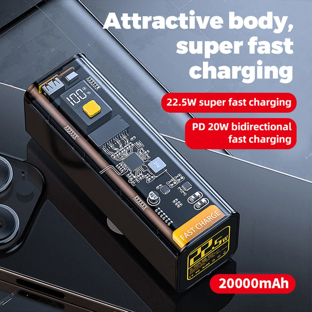 

Two-way PD20W QC22.5W 20000mah Transparent Punk LED Digital Display Multiprotocol Charge Phone Laptop Fast Charge Power Bank