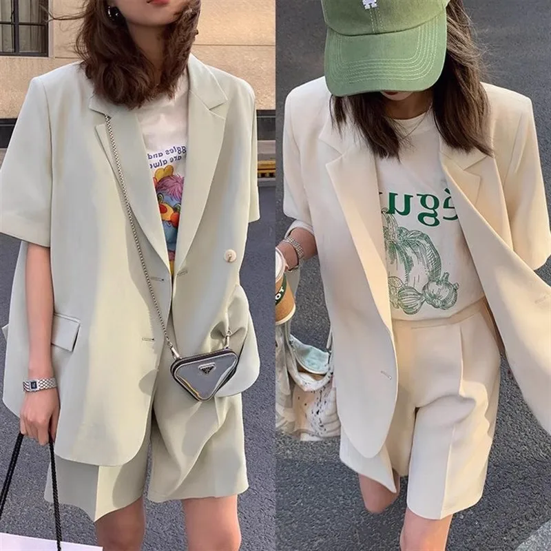 

Women's Loose Short-sleeve Short Suit Blazer Two-piece Set New Summer Thin Casual Coat and Shorts Solid Plus Size Elastic Waist