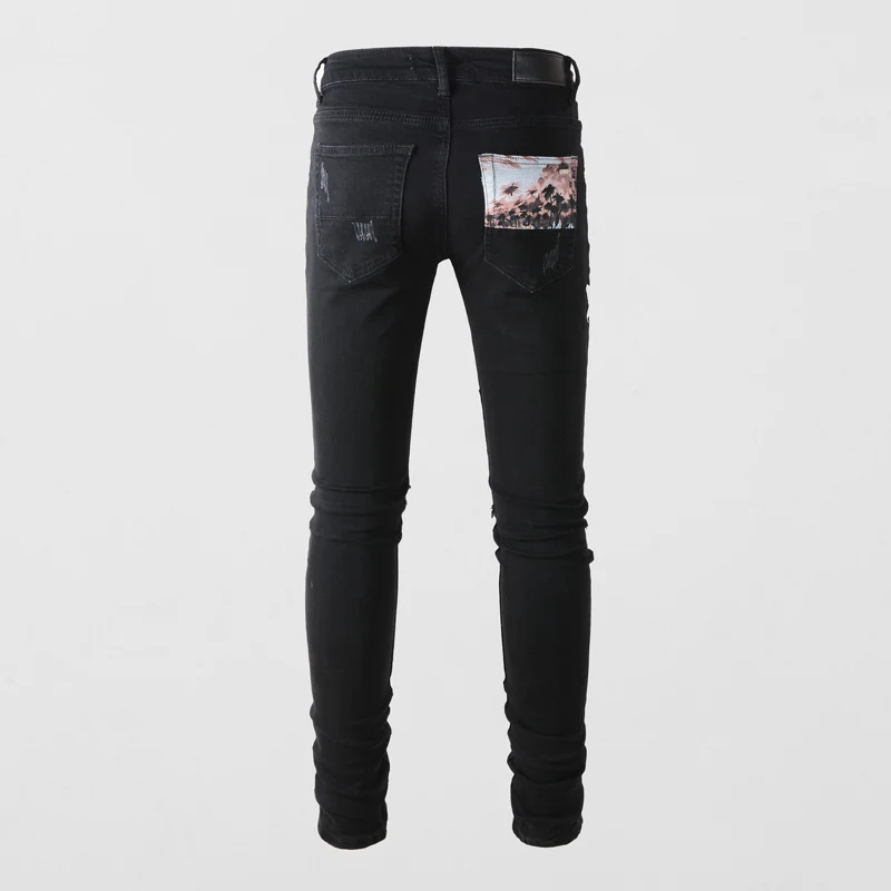 High Street Fashion Men Jeans Black Elastic Skinny Ripped Jeans Men Stretch Trousers Patch Designer Hip Hop Brand Pants Hombre