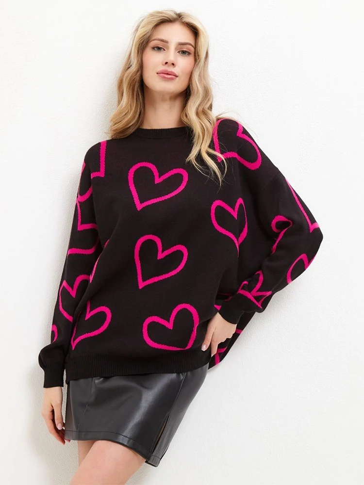 

Women Sweater with Heart O-neck Knitted Long Sleeve Loose Jumpers Top Pullover 2023 Women's Autumn Winter Clothing