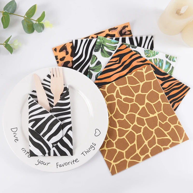 

20pcs/Bag Wild Animals Pattern Disposable Tableware Leopard Zebra Tiger Leaves Plates Napkins Jungle Safari Happy Birthday Party