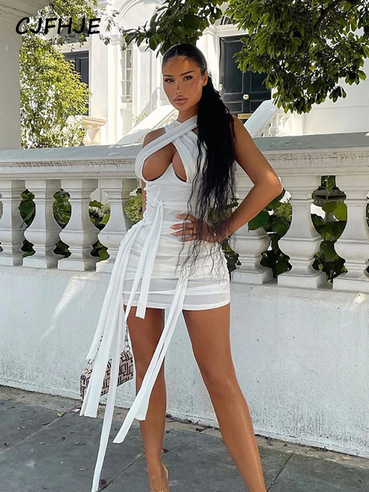 

CJFHJE Sleeveless Bodycon Halter Drawstring Hollow Out Pleated Mini Dress 2022 Fall Summer Women Outfit Y2K Slim Streetwear
