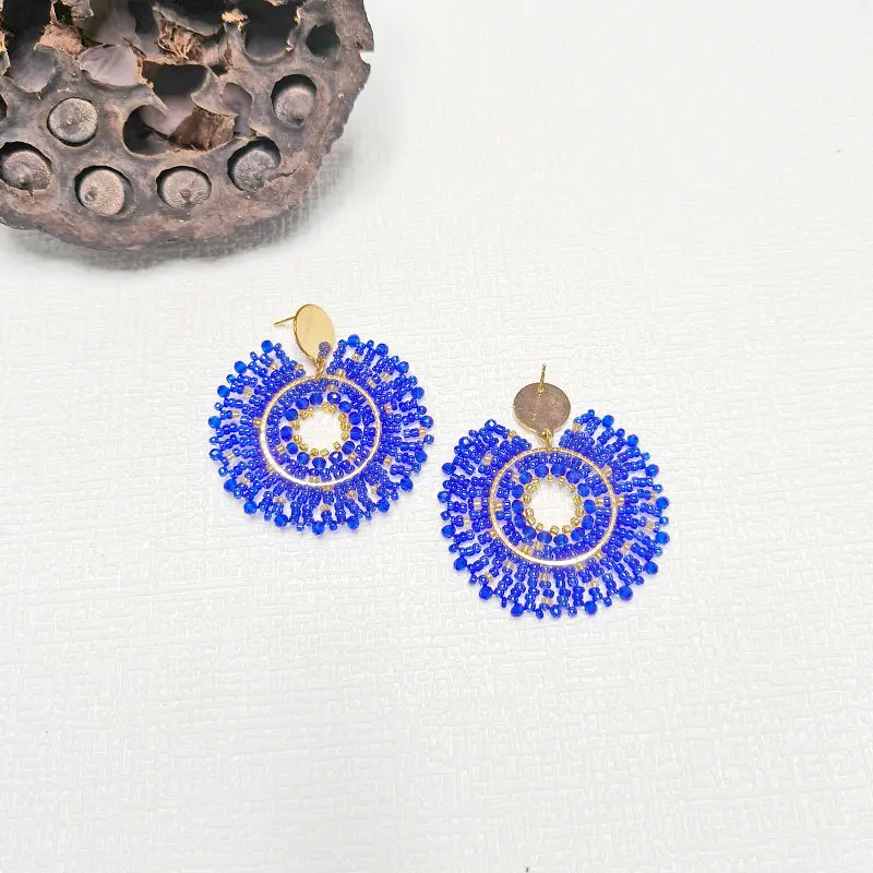 Серьги в богемном стиле ручной вязки Королевского синего цвета с Оригинальными