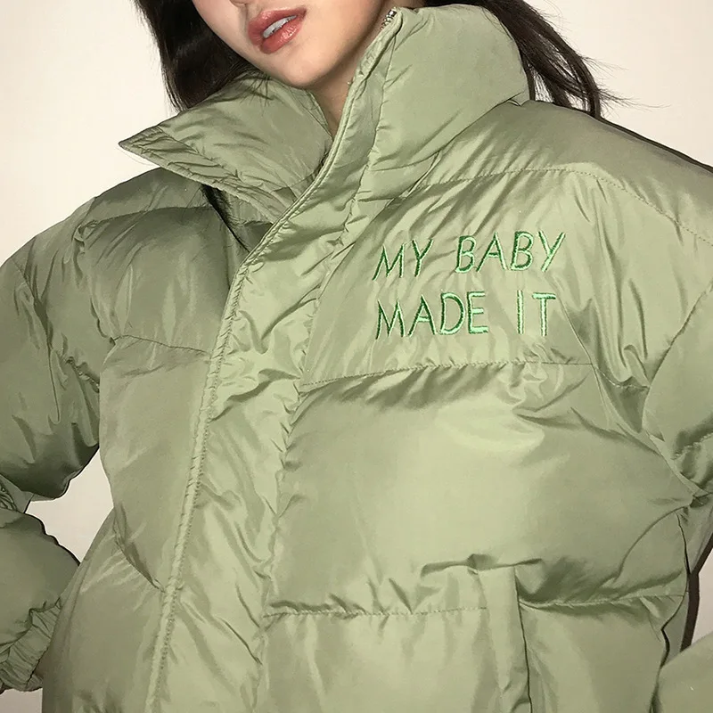 Fashion 2021 Street Style Winter Women's New Long-sleeved Cardigan Zipper Cropped Embroidered Warm Stand-up Collar Cotton Jacket