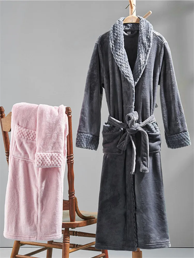 Winter Couple's Nightgown Bathrobe Flannel Long Robe Thick Warm Sleepwear For Man Women Loose Home Wear Lovers Pajamas Oversize