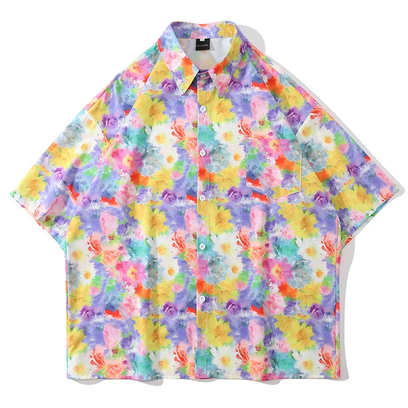 

2022 Summer Unisex Vintage Harajuku Tie Dyeing Print Turn-Down Collar Shirt Tropica Top Men Oversize Hawaii Short Sleeve Shirts