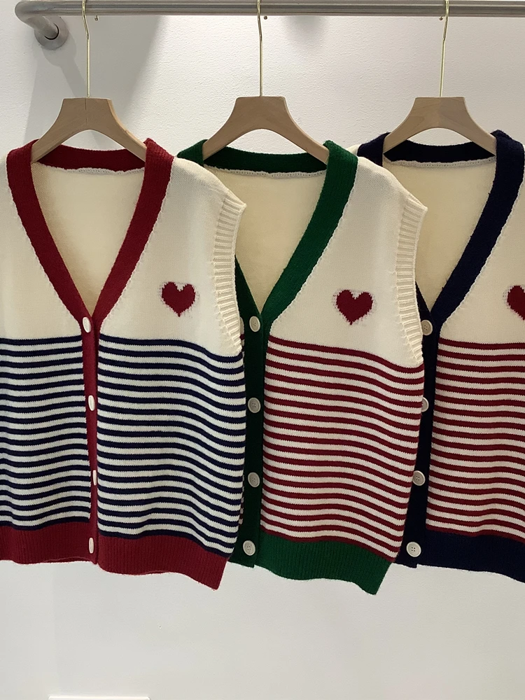 Colorfaith New 2022 Chic Korean Fashion Striped Waistcoat Knitted Vintage Sweaters Women Autumn Winter Wild Lady Vests SWV3528JX images - 6