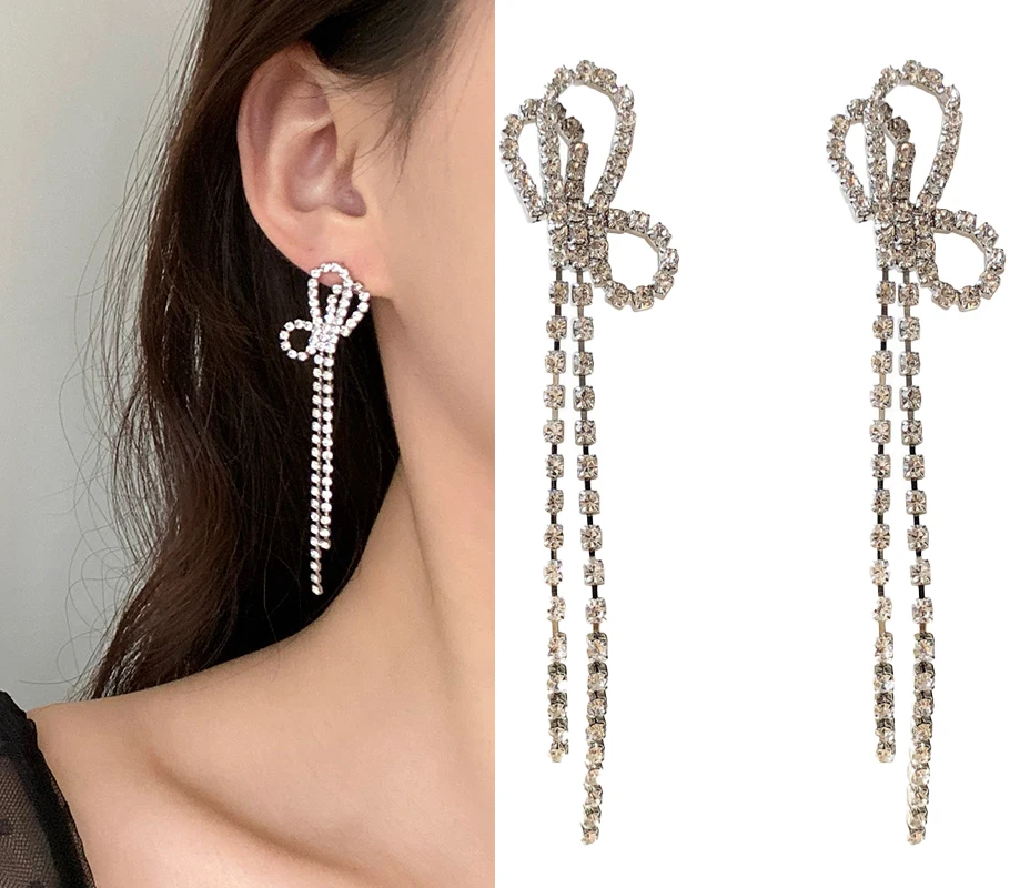

Temperament Atmosphere Bride Long Bow Tassel Rhinestone Jewelry Earrings For Women Dangle