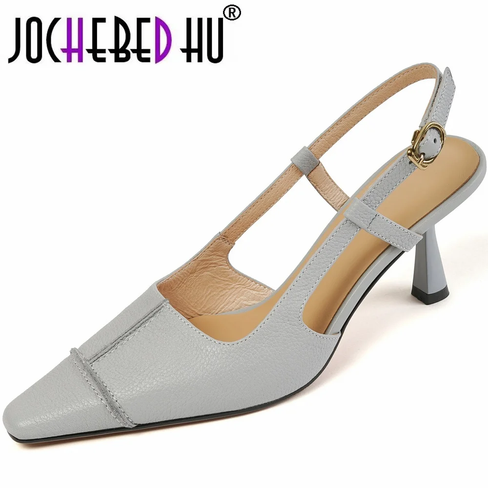 

【JOCHEBED HU】Women Genuine Leather Fashion Sandals Square Toe High Heels Back Strap Party Shoes Ladies Good Quality Sexy 33-40
