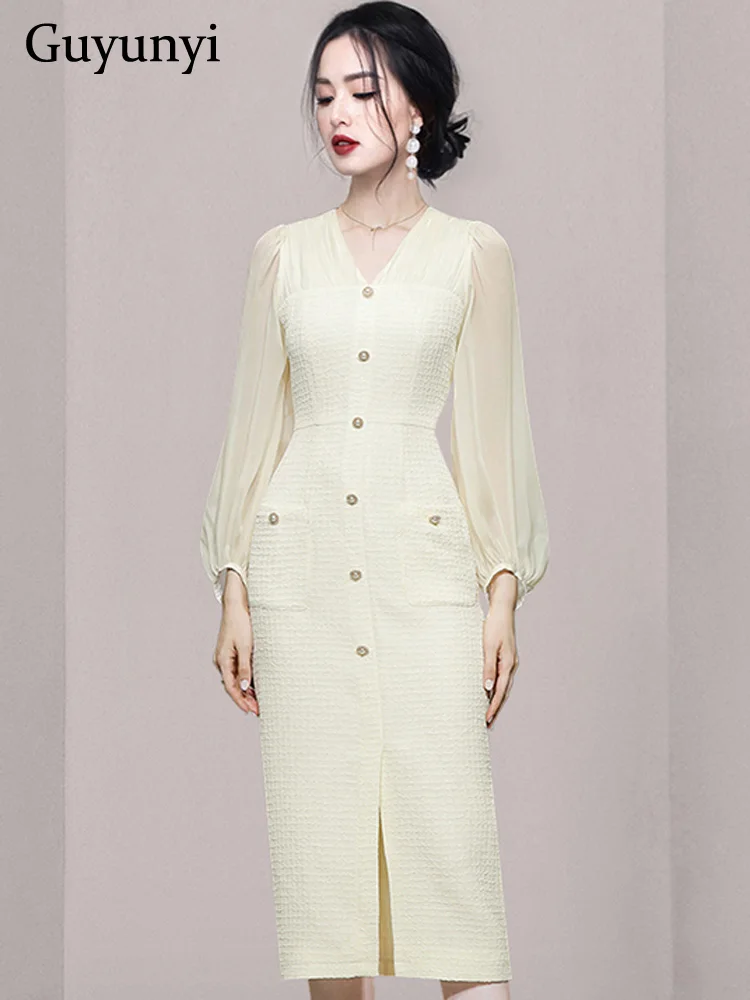 

High Waist Tight Dress 2022 Autumn Solid Color V-Neck Puff Wrist Sleeves Decorative Single Breasted Elegant Party Dress Women