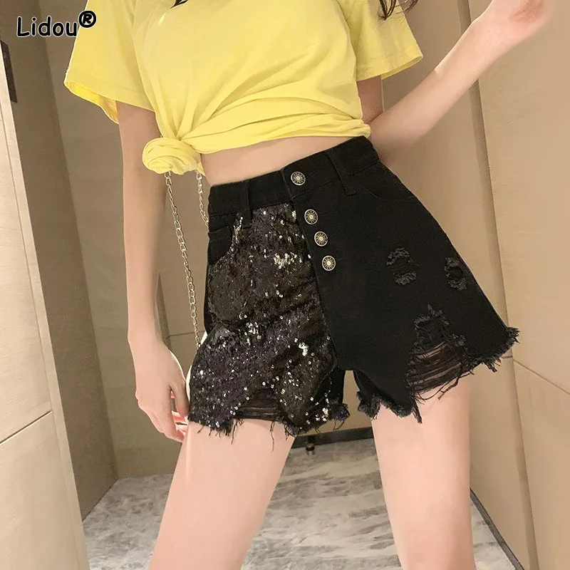 

Young Style Fashion Streetwear Creative Splicing Shorts Asymmetrical Wide Leg Summer Women's Clothing Thin Zipper Pockets Button