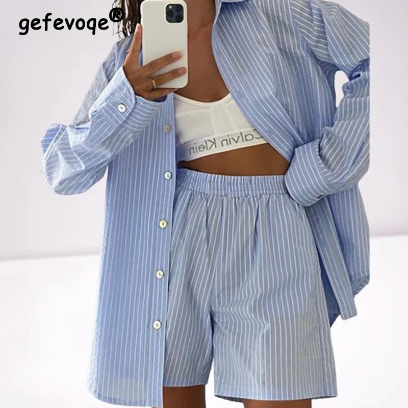 

2022 Summer Tracksuit Women Striped Print Long Sleeve Button Shirt Fashion Casual Loose Blouse Tops Two Piece Shorts Set Outfits