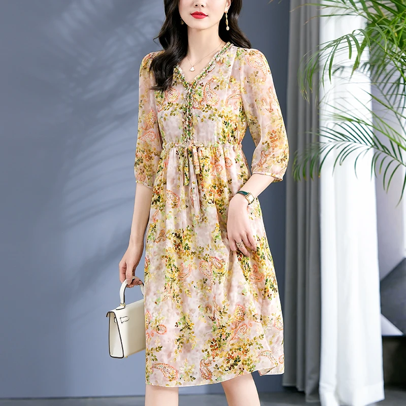 Vintage Dresses For Women Spring Summer Elegant Diamonds V-neck High Waist 100% Real Silk Women's Print Long Midi Dress A-line