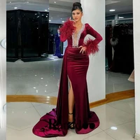 feather v neck trumpet side split evening dresses appliques court train full sleeves prom gown abendkleider dropping shipping