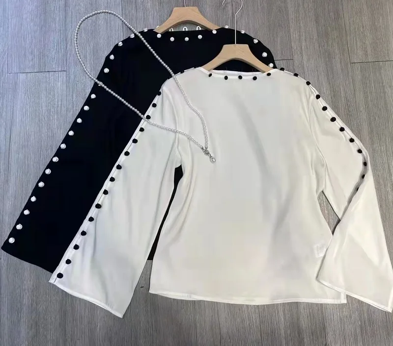 Blusas Feminino 2023 Spring Summer Style Women Color Block Button Deco Flare Sleeve Elegant White Black National Silk Top Female