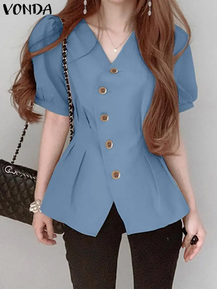 

Women Short Puff Sleeve Shirts 2023 VONDA Casual Blouse Summer Tops Sexy Ruffled V Neck Elegant Casual Shirt Women Clothes Baggy