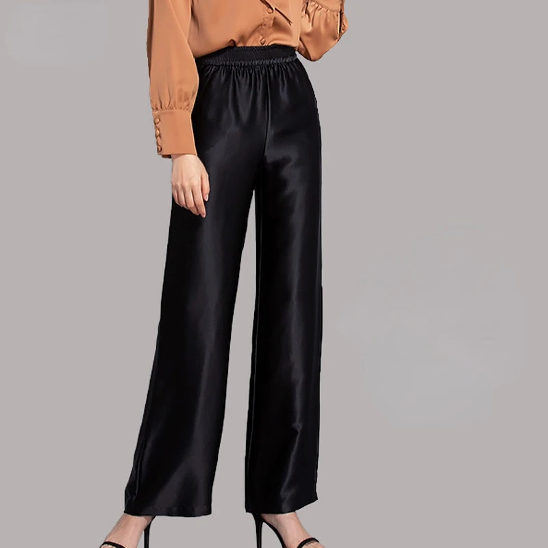 Women's Silk Pants Women Spring and Summer Fashion High-waisted Mulberry Silk Wide Leg Pant Loose Casual Straight Black Trousers