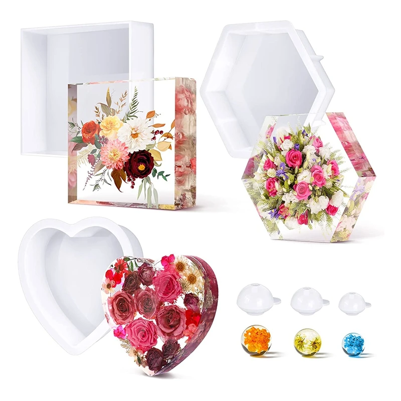 

3 шт., большие формы для смолы, глянцевая форма с глубоким квадратом/шестигранным сердцем/подставкой для книг, смоляная форма с 3 круглыми иск...