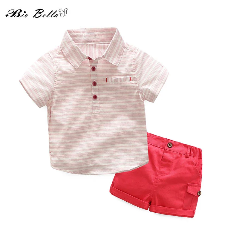 

Summer Boys Clothes Set Boy Gentleman Outfits Short Sleeve Striped T-shirt with Red Shorts Kids Clothing