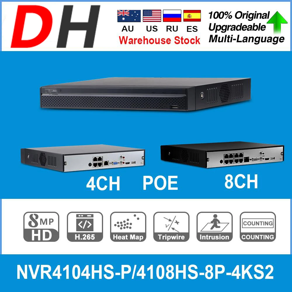 

DH NVR Europe Stock NVR4104HS-P-4KS2 NVR4108HS-8P-4KS2 With 4/8ch PoE Port H.265 Video Recorder Support CGI Metal POE NVR